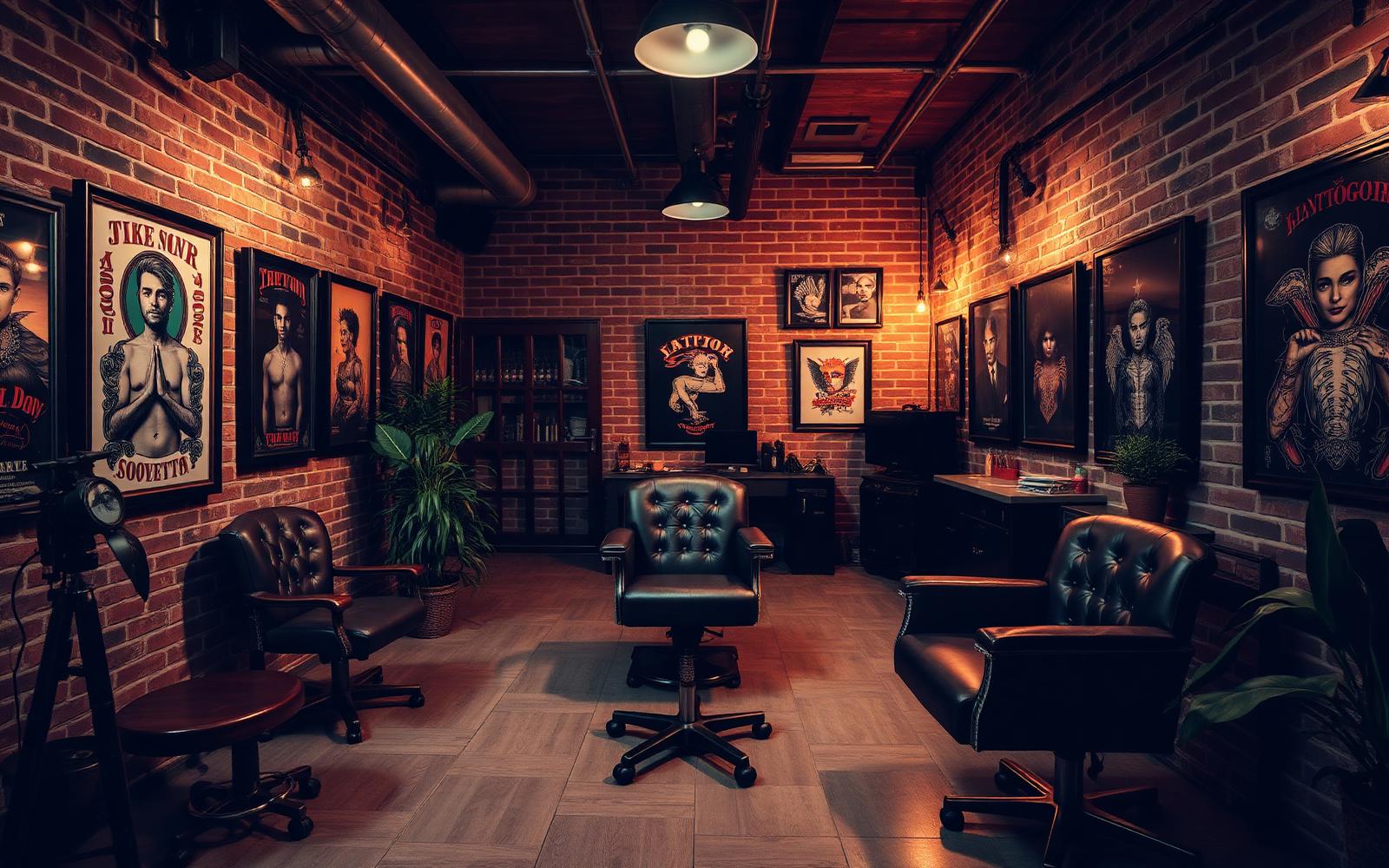 Black Lantern Tattoo studio interior with brick walls and flash art